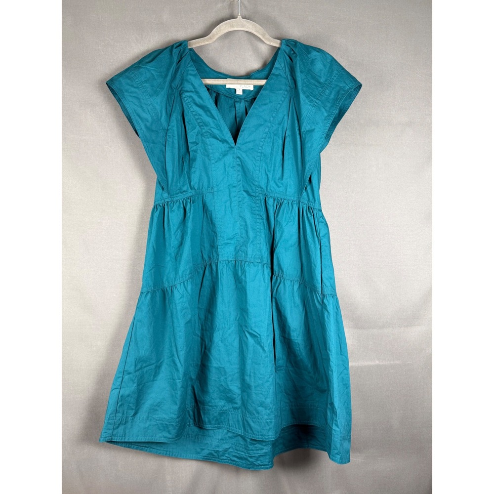 Pinch Tiered Mini Dress Womens Small Teal Blue V-Neck Cotton Poplin 4685D